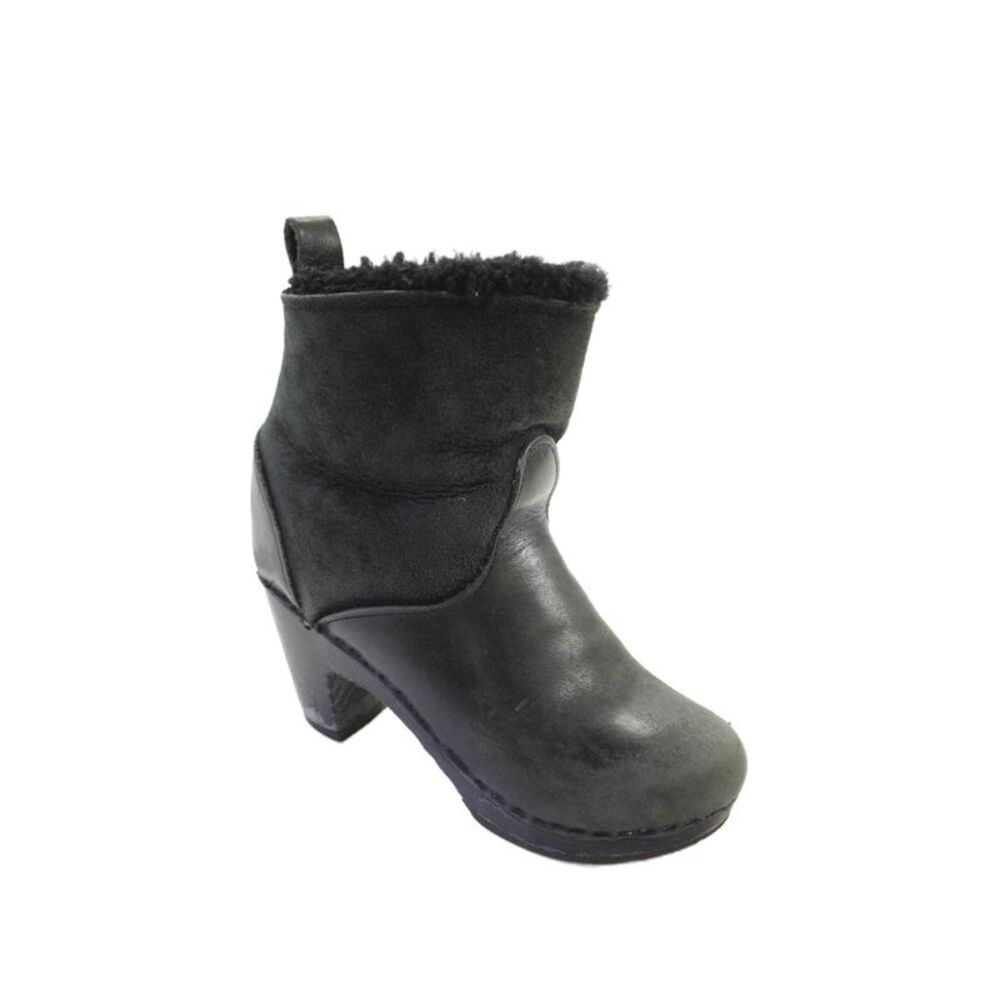 Designer Womens Leather Suede Fuzzy Lined Wooden Heels Boots Shoes Black Size 7